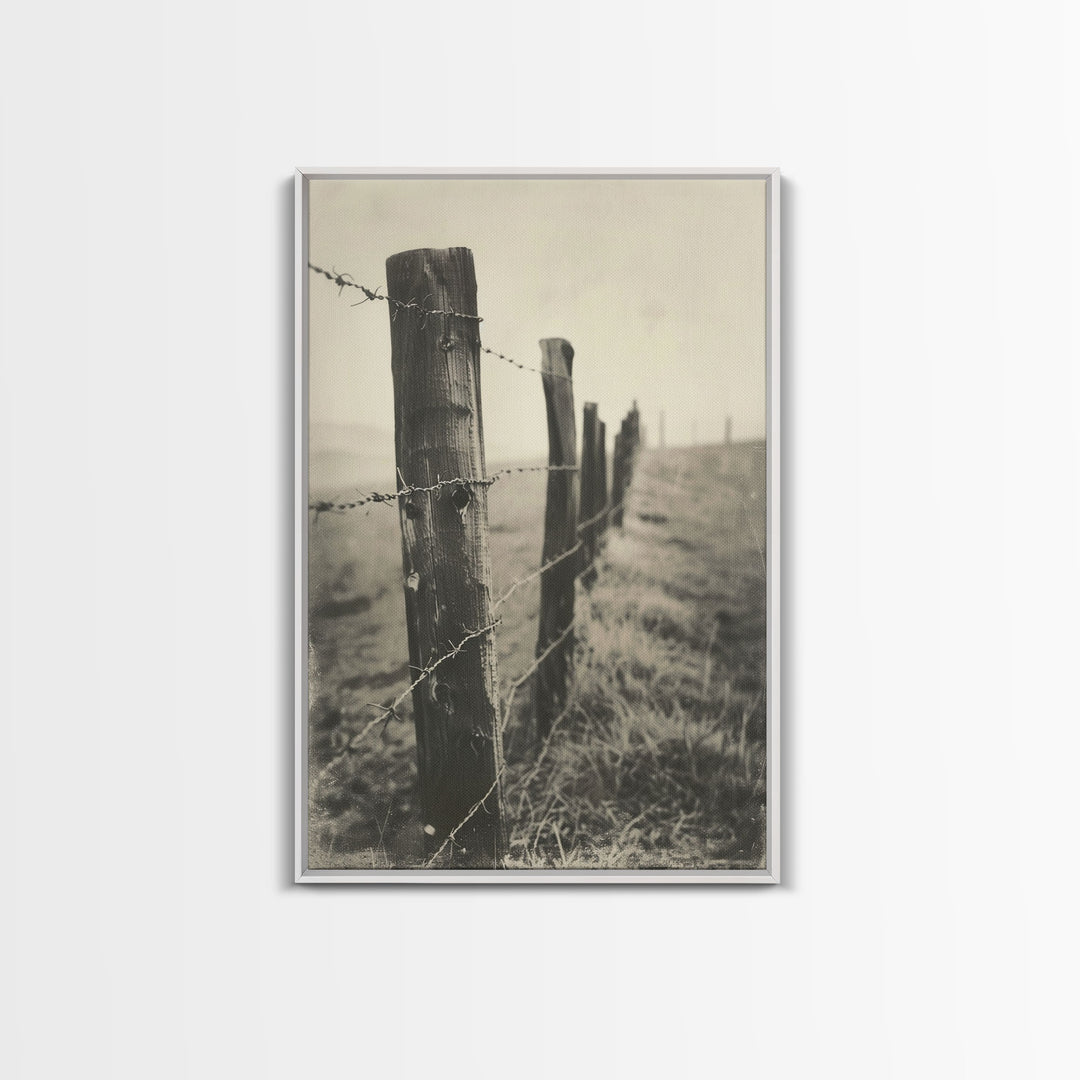 Rustic Barbed Wire Fence Sepia Print - Framed Canvas Wall Art, Western Decor for Living Room, Vintage Fence Art, Farmhouse Decor