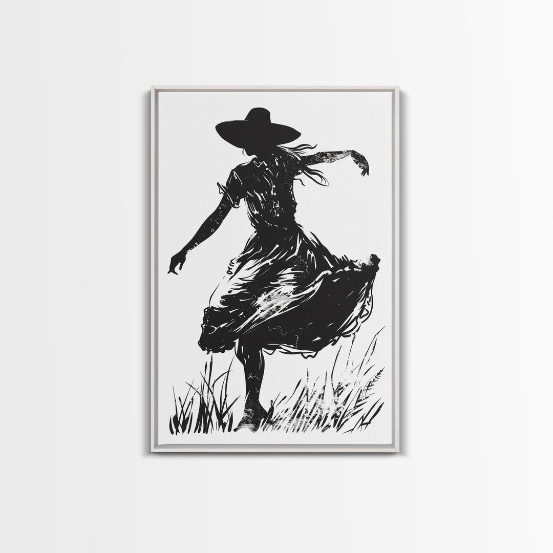 Country Girl Silhouette Art Print, Framed Canvas Western Decor, Vintage Cowgirl Artwork, Rustic Southwest Wall Art for Home