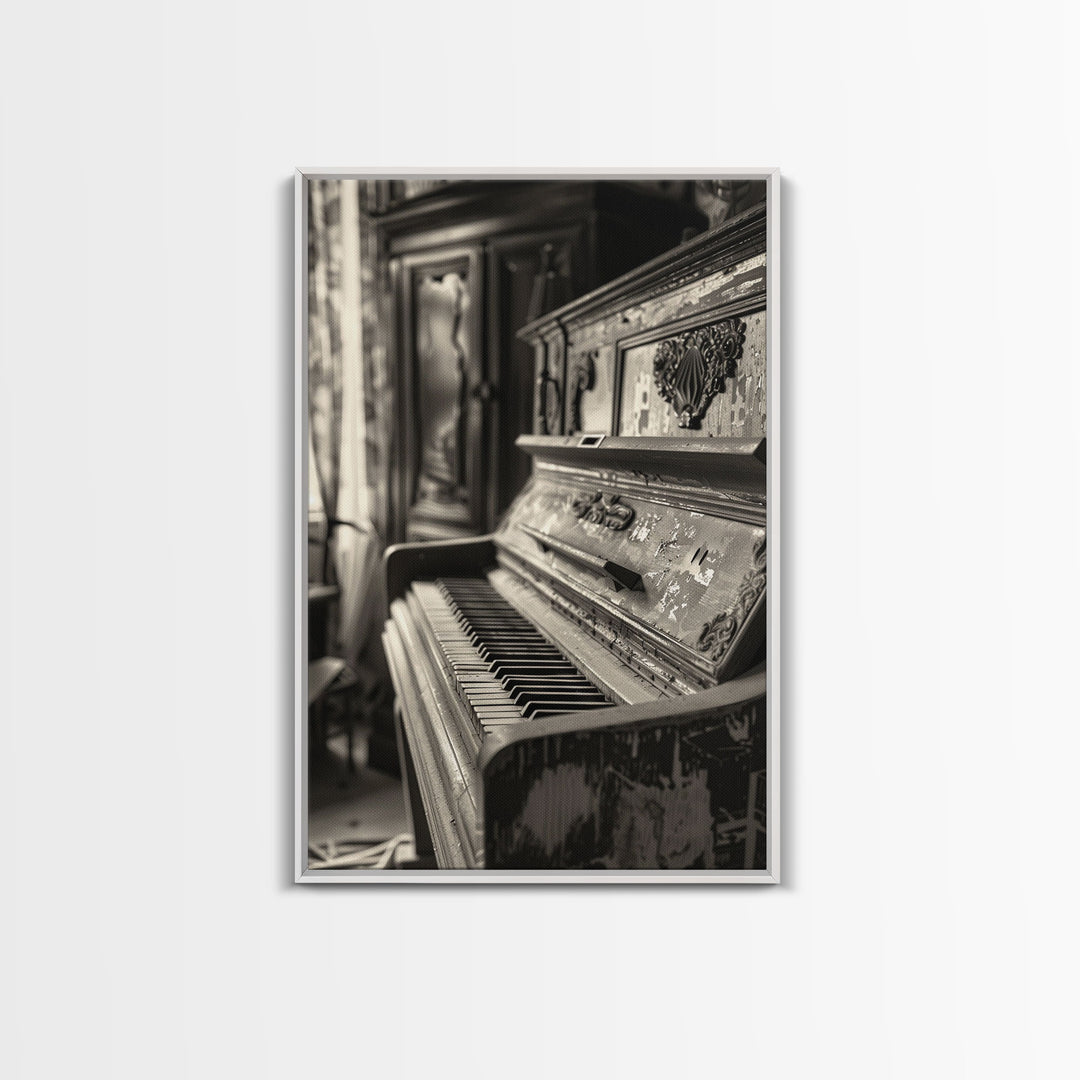 Vintage Rustic Piano Sepia Print - Framed Canvas Wall Art, Antique Music Decor for Living Room, Historical Piano Artwork for Home