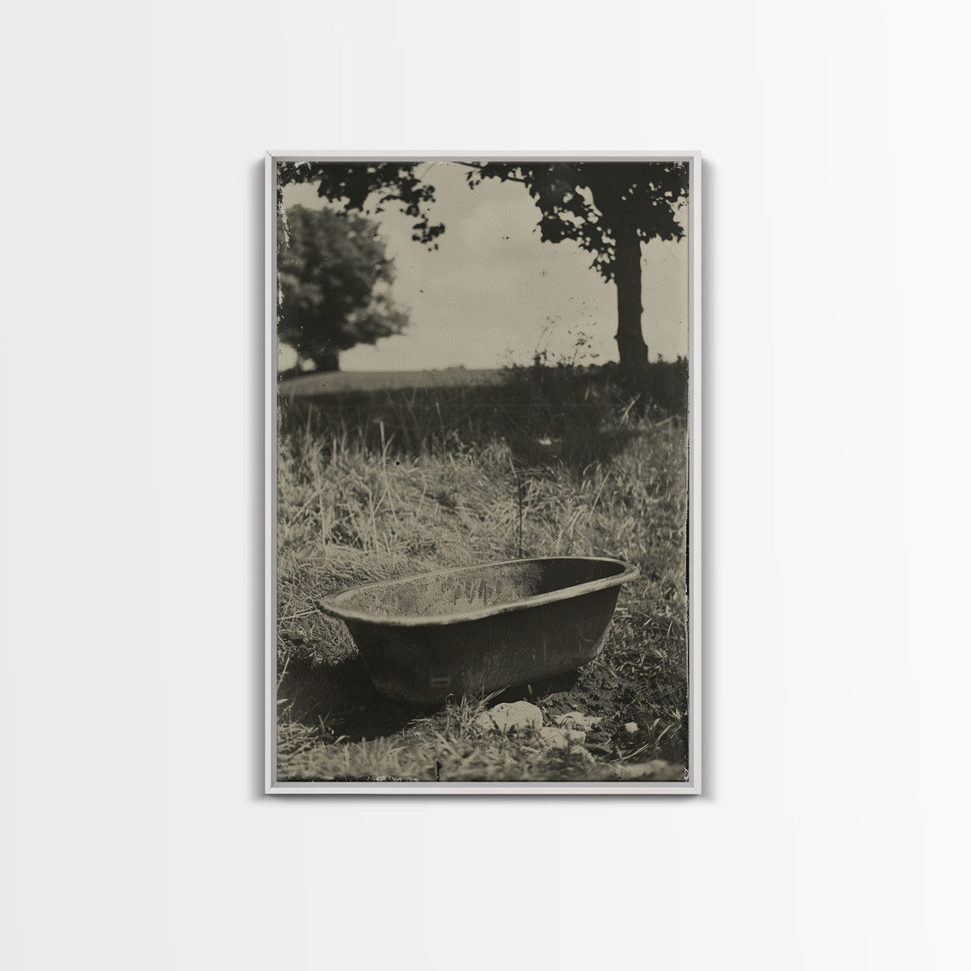 Vintage Farm Bathtub Sepia Print - Framed Canvas Wall Art, Rustic Country Decor, Antique Bathtub Artwork for Living Room, Farmhouse Art