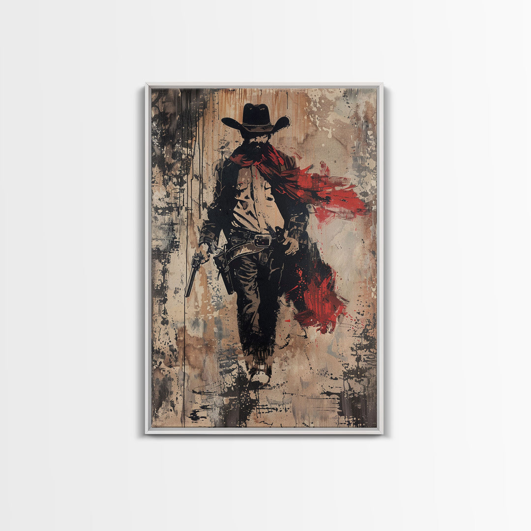 Cowboy with Red Scarf Art Print - Framed Canvas Western Wall Art, Rustic Cowboy Decor for Living Room, Vintage Western Artwork, Cowboy Art