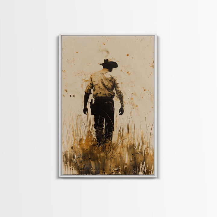 Cowboy Walking in the Field Print - Framed Canvas Wall Art, Rustic Western Decor, Cowboy Artwork for Living Room, Vintage Art, Rustic Decor