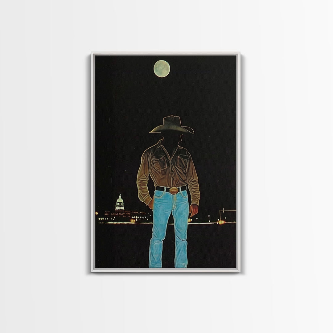 Cowboy Under the Moon Print - Framed Canvas Wall Art, Rustic Western Decor, Nighttime Cowboy Artwork for Living Room, Western Night Sky