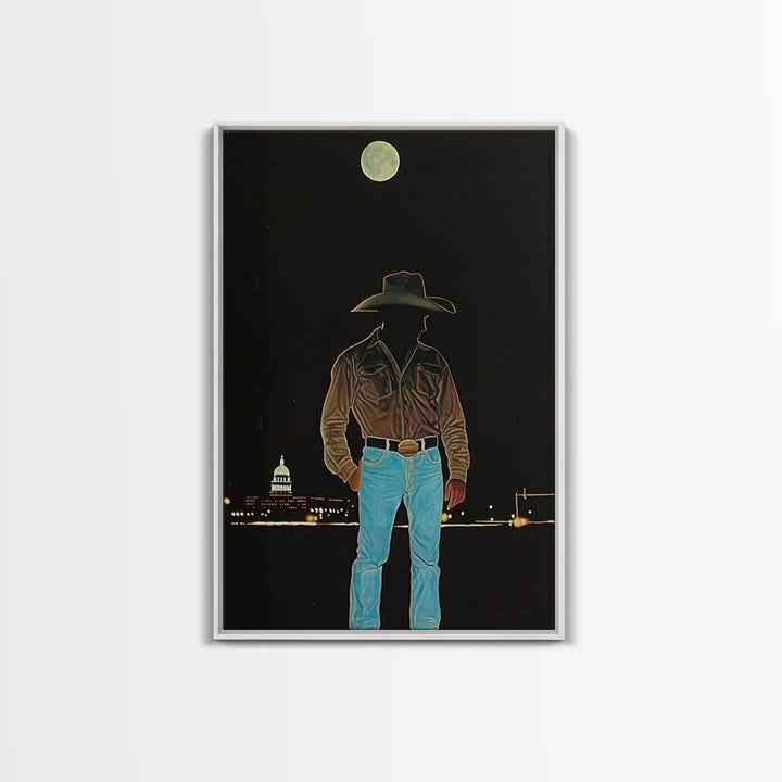 Cowboy Under the Moon Print - Framed Canvas Wall Art, Rustic Western Decor, Nighttime Cowboy Artwork for Living Room, Western Night Sky