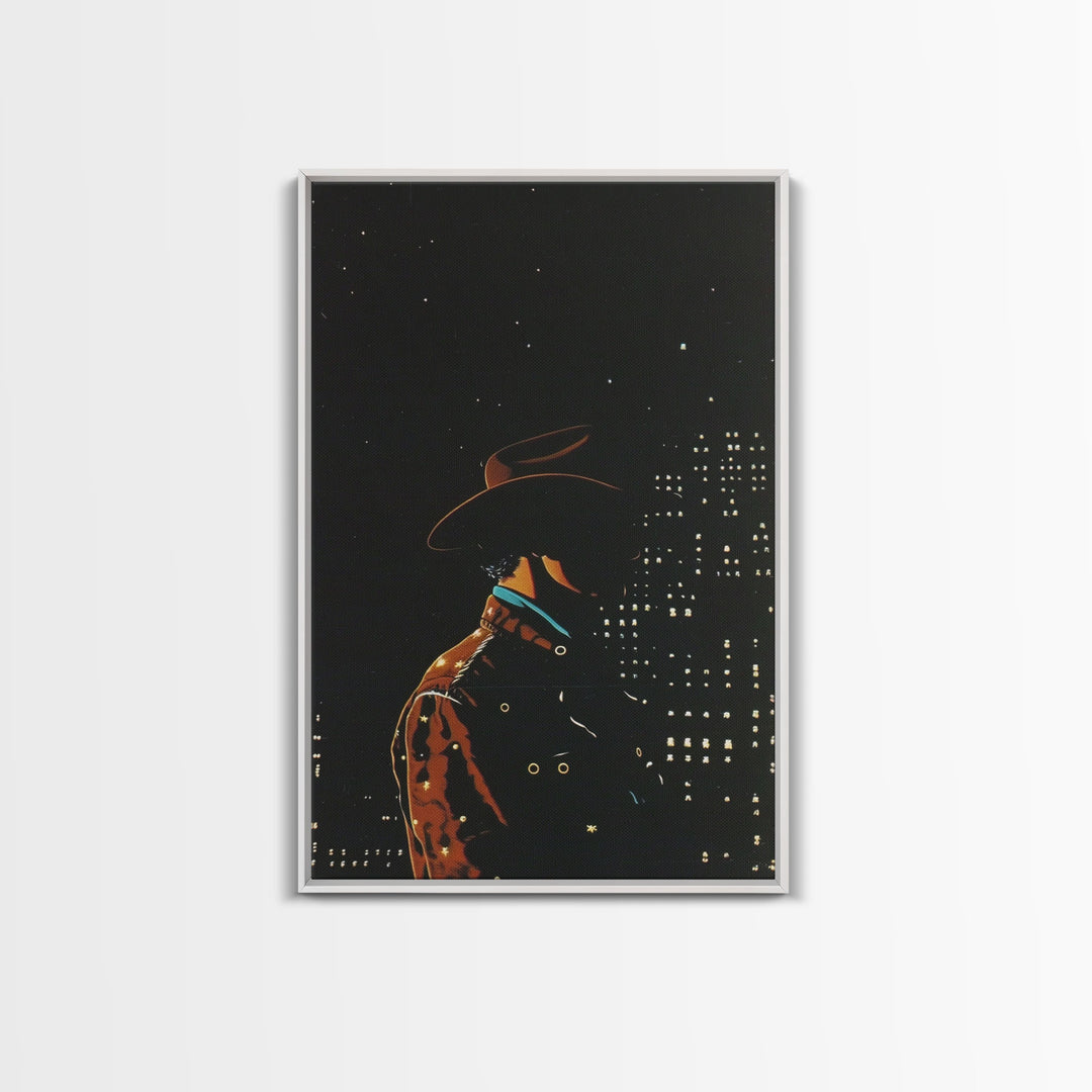 Cowboy in the City Night Print - Framed Canvas Wall Art, Urban Western Decor, City Cowboy Artwork for Living Room, Modern Western Art