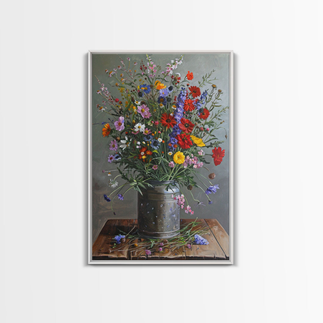 Wildflower Bouquet Print - Framed Canvas Wall Art, Rustic Floral Decor for Living Room, Colorful Wildflower Artwork for Home, Botanical Art