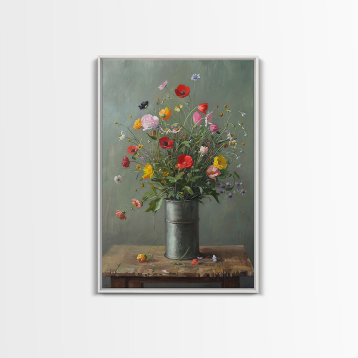 Rustic Flower Vase Art on Weathered Table - Framed Canvas Print, Country Living Room Decor, Farmhouse Floral Wall Art, Vintage Floral Design