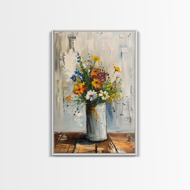 Modern Abstract Flower Vase Art - Framed Canvas Print, Colorful Floral Decor for Living Room, Contemporary Flower Artwork, Bright Home Decor