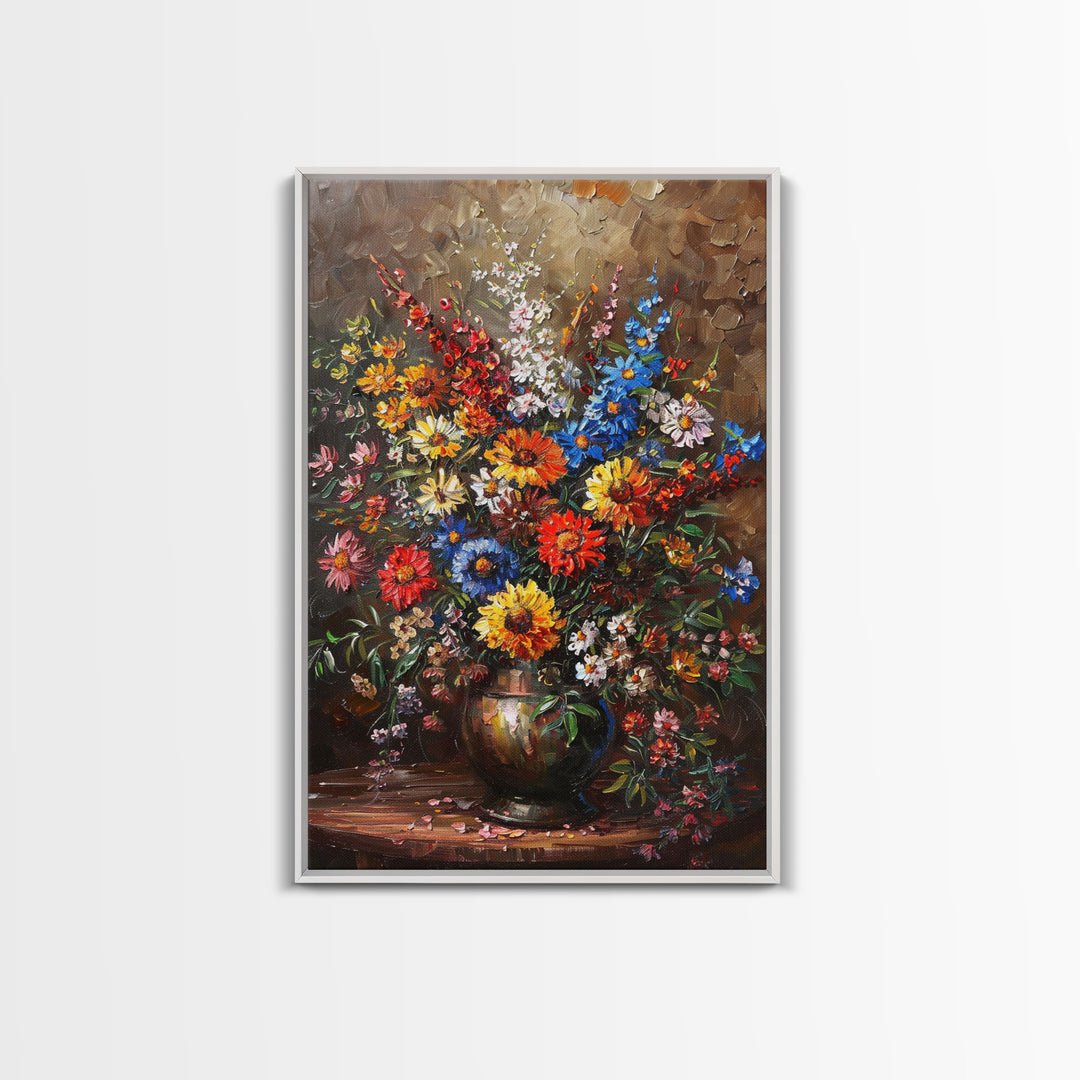 Bold Flower Bouquet Art on Dark Background - Framed Canvas Print, Vibrant Floral Wall Art for Living Room, Modern Artwork, Flower Decor