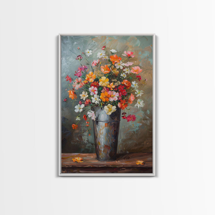 Elegant Floral Vase Art with Soft Colors - Framed Canvas Print, Pastel Flower Decor for Living Room, Light Floral Artwork, Romantic Wall Art