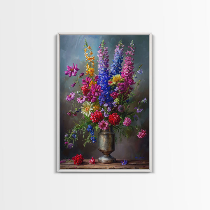 Dramatic Floral Vase Art on Rich Background - Framed Canvas Print, Bold Flower Decor for Living Room, Botanical Artwork, Floral Wall Art