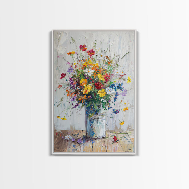 Delicate Flower Vase Art with Light Colors - Framed Canvas Print, Soft Floral Decor for Living Room, Gentle Botanical Artwork, Pastel Wall A