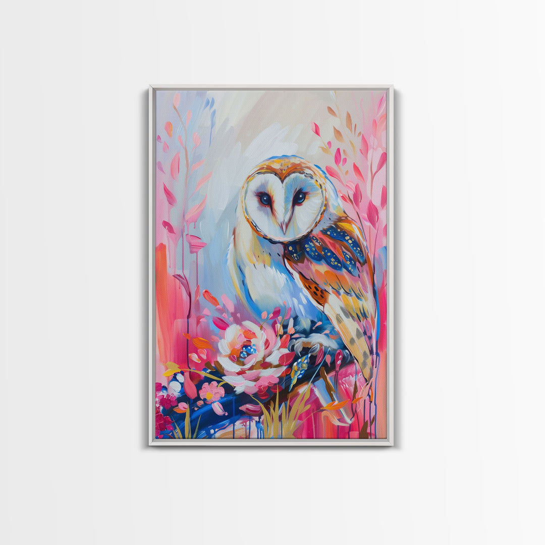 Colorful Owl Art on Pink Background - Framed Canvas Print, Modern Animal Decor for Living Room, Bright Bird Artwork, Whimsical Wall Art