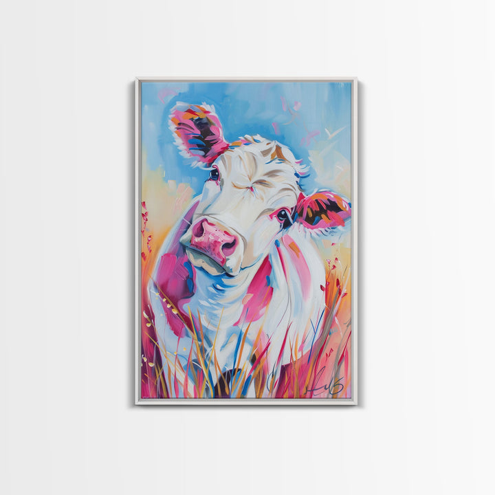 Whimsical Colorful Cow Portrait - Modern Farmhouse Wall Art, Vibrant Animal Painting, Living Room Decor, Cute Cow Canvas Print