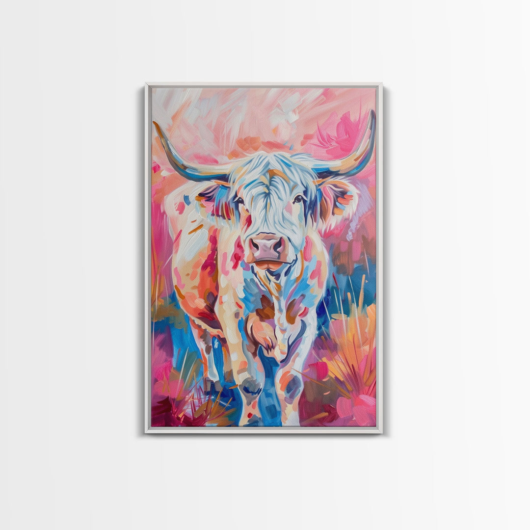 Colorful Highland Cow Art - Rustic Farmhouse Wall Decor, Vibrant Animal Painting, Living Room Art, Highland Cow Canvas Print