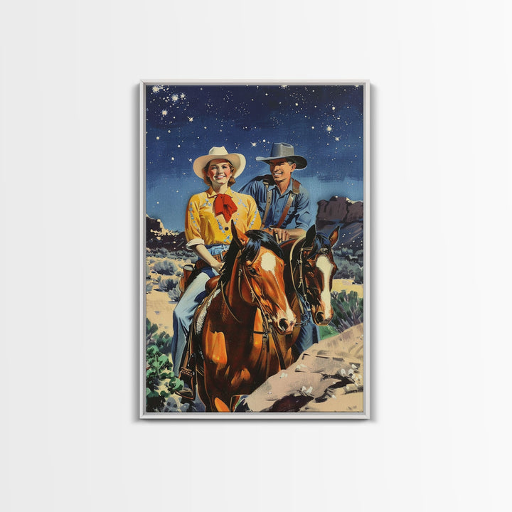 Vintage Western Couple Riding Horses Under Stars - Rustic Cowboy Wall Art, Night Sky Painting, Living Room Decor, Western Canvas