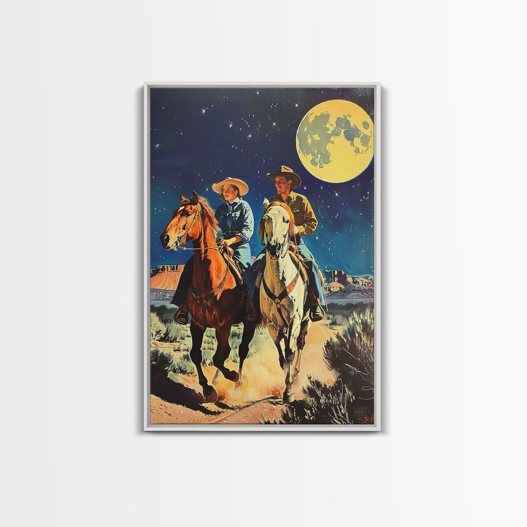 Vintage Cowboy Couple Under Moonlit Sky - Rustic Western Wall Art, Night Sky Painting, Bedroom Decor, Cowboy Canvas Print