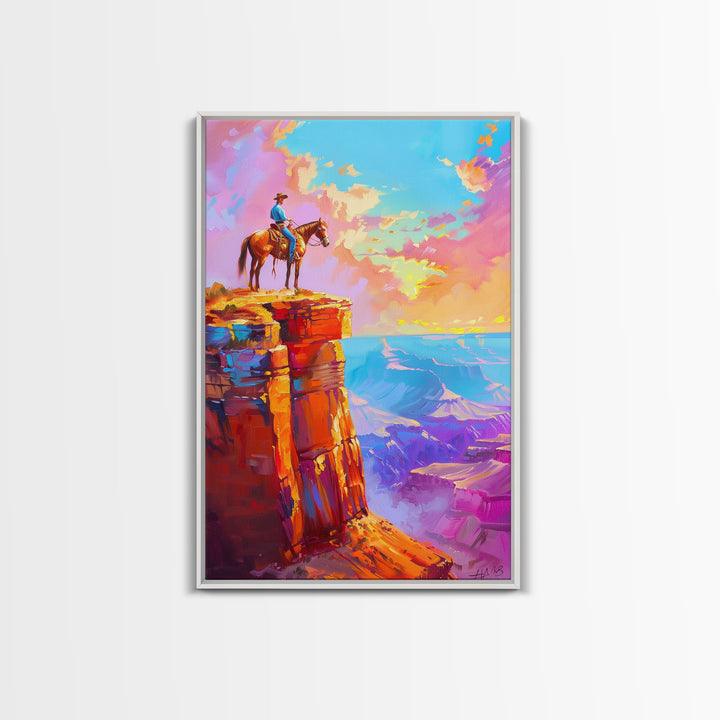 Cowboy on Cliff Edge at Sunset - Colorful Western Landscape Painting, Sunset Wall Art, Living Room Decor, Cowboy Canvas Print