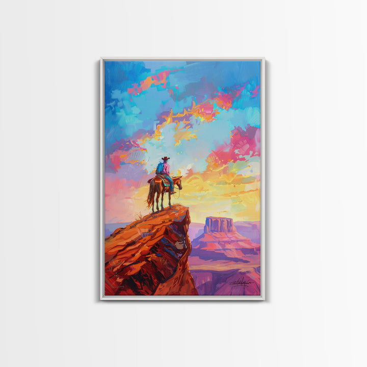 Cowboy on Horseback Overlooking Canyon - Vibrant Western Landscape Art, Sunset Painting, Living Room Decor, Cowboy Canvas Print