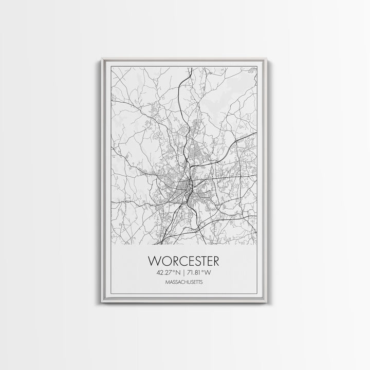 Worcester Street Map, Massachusetts Map, City Map Print, Minimalist Art, Wall Art, Canvas Print, Home Office Wall Art, Unique Travel Gifts