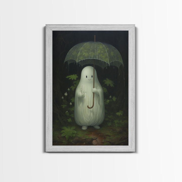 Ghost Holding an Umbrella In The Rain, Vintage Halloween Canvas Print, Framed Canvas, Halloween Wall Art, Dark Academia, Spooky Haunted