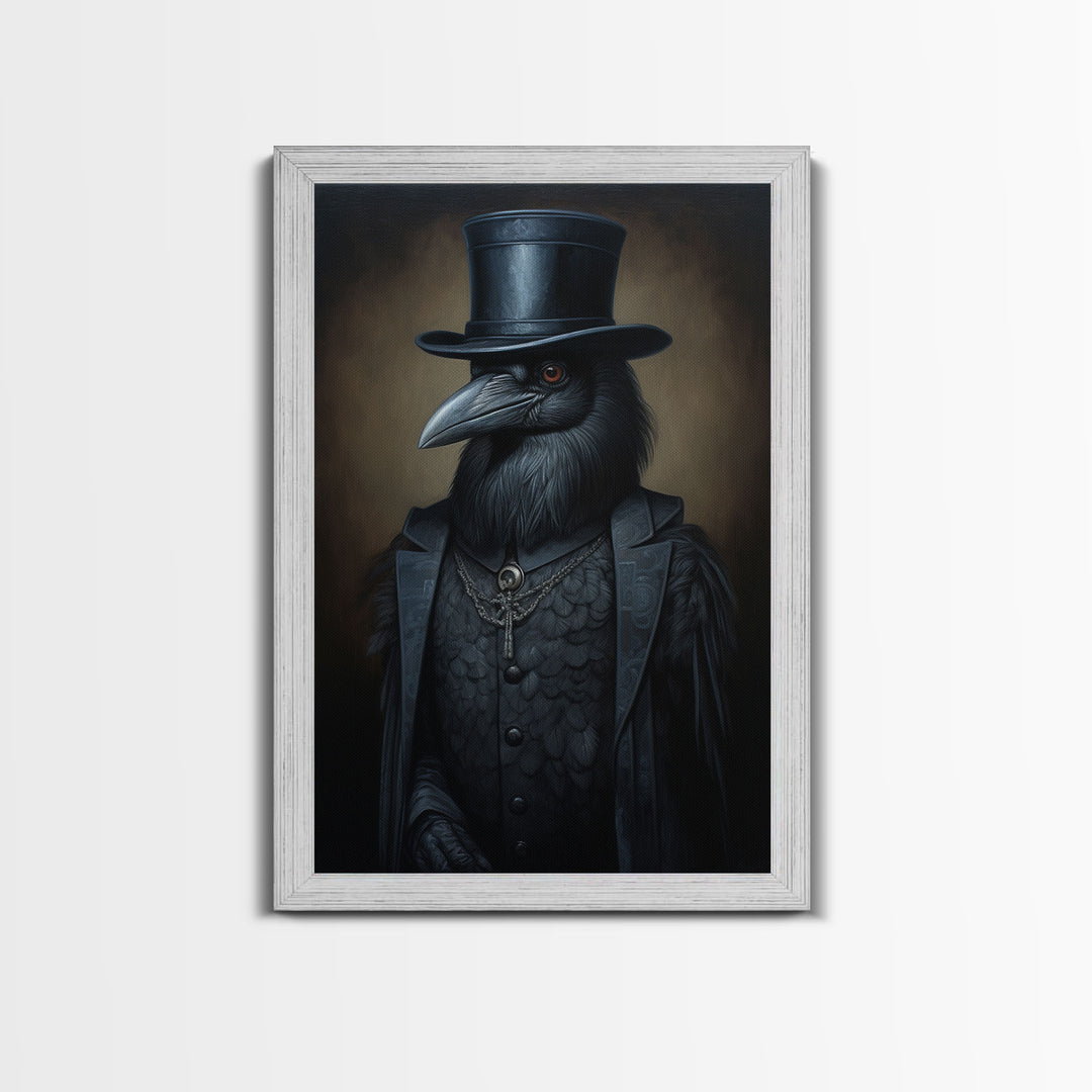 Gothic Raven Vintage Canvas, Art Canvas Print, Framed Canvas, Home Decor, Victorian Crow, Funny Halloween Art, Dark Academia Portrait