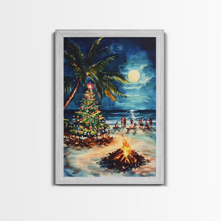 A Beach Christmas Framed Canvas Print, Christmas Painting, Tropical Beach Xmas Decor