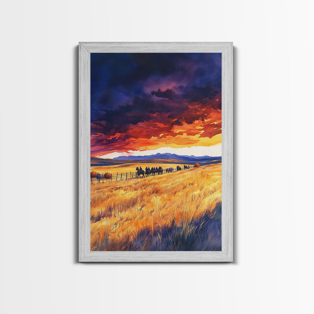 The Cattle Drive At Sunset, Framed Canvas Print, Autumn Decor, Beautiful Sunset Wall Art Painting