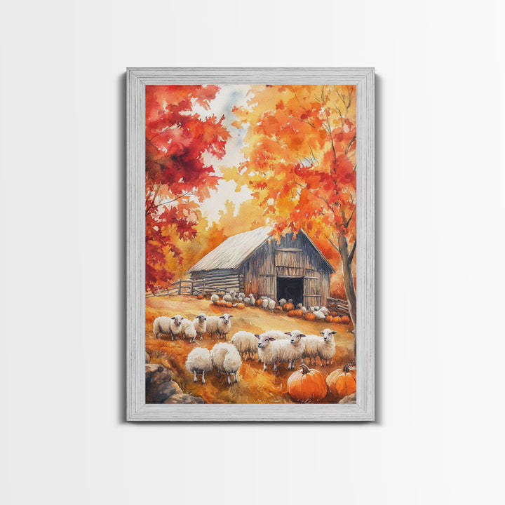 The Sheep Farm In Fall Framed Canvas Print, Farmhouse Decor, Boho Painting Wall Art