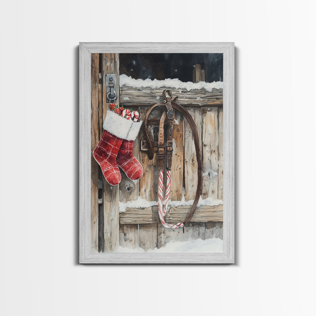 Wild West Christmas, Framed Canvas Print, Stirrups and Stockings, Cowboy Art