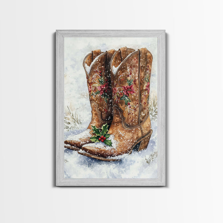 Christmas Cowboy Boots, Framed Canvas Print, Primitive / Rustic Farmhouse Wall Art, Cowboy Decor, Texan Art, Christmas Vintage Art