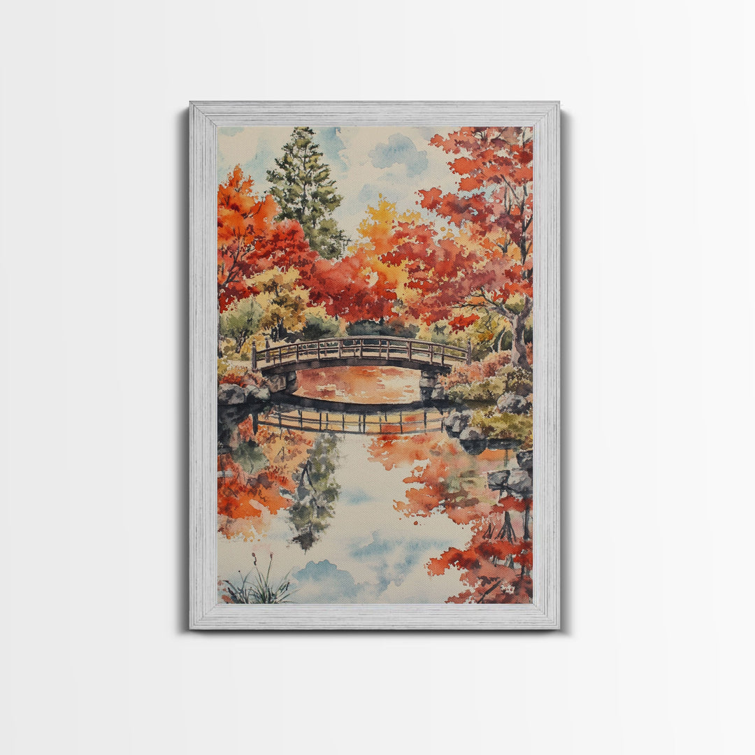 The Fall Bridge, Framed Canvas Print, Autumn Decor, Holiday / Seasonal Wall Art Gift For Her, Moody Landscape