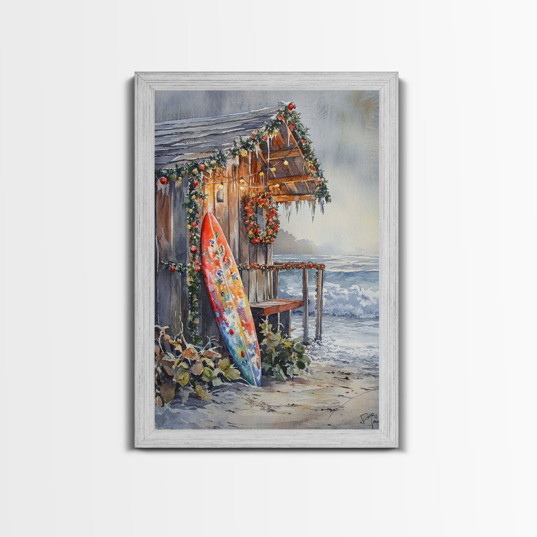 Surf Shack Decorated For Christmas, Tropical Christmas Wall Art, Canvas Print, Wood Framed Wall Art, Christmas Vintage, Christmas Vacation