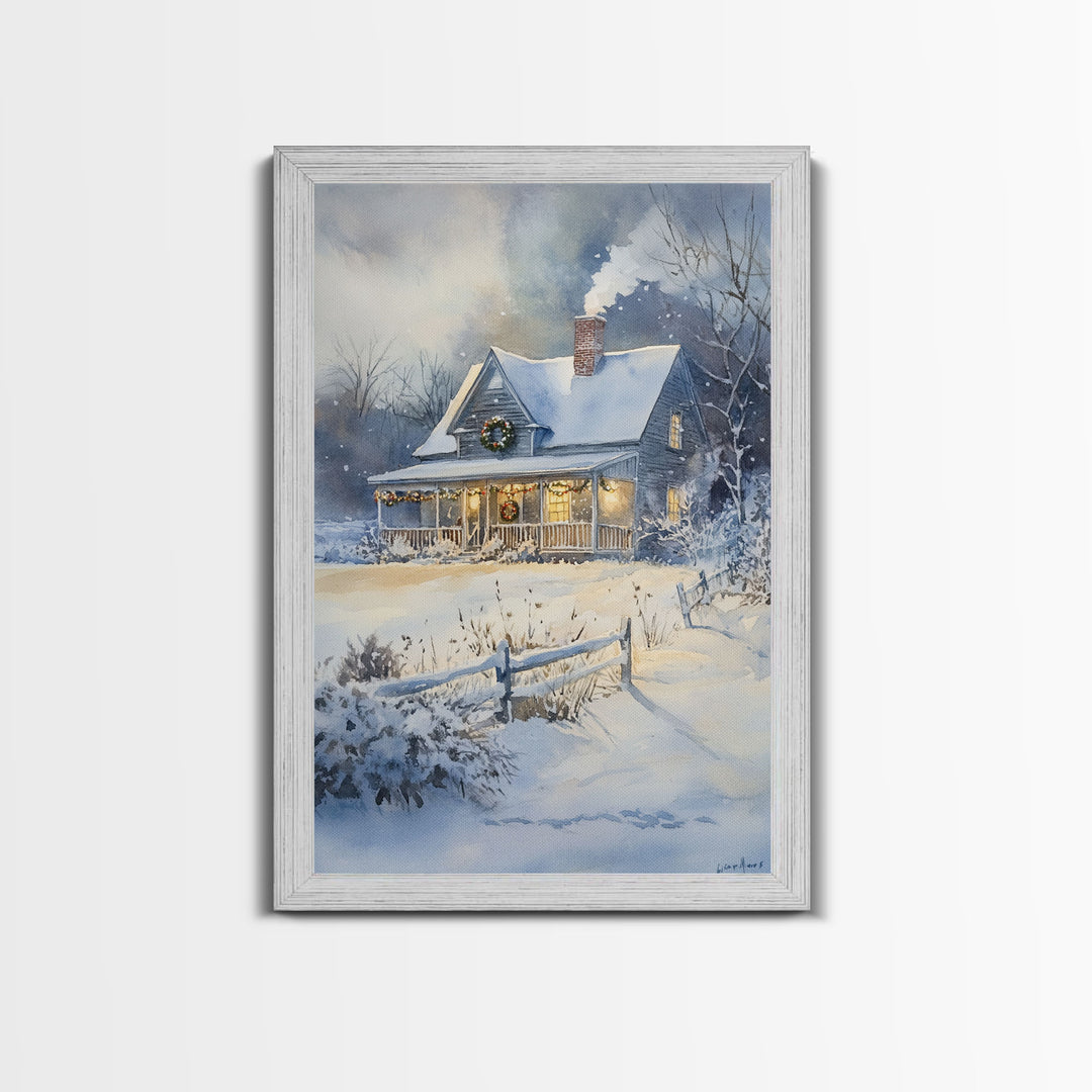 Christmas Cottage Wall Art, Framed Canvas Print, Winter Wonderland Landscape Print