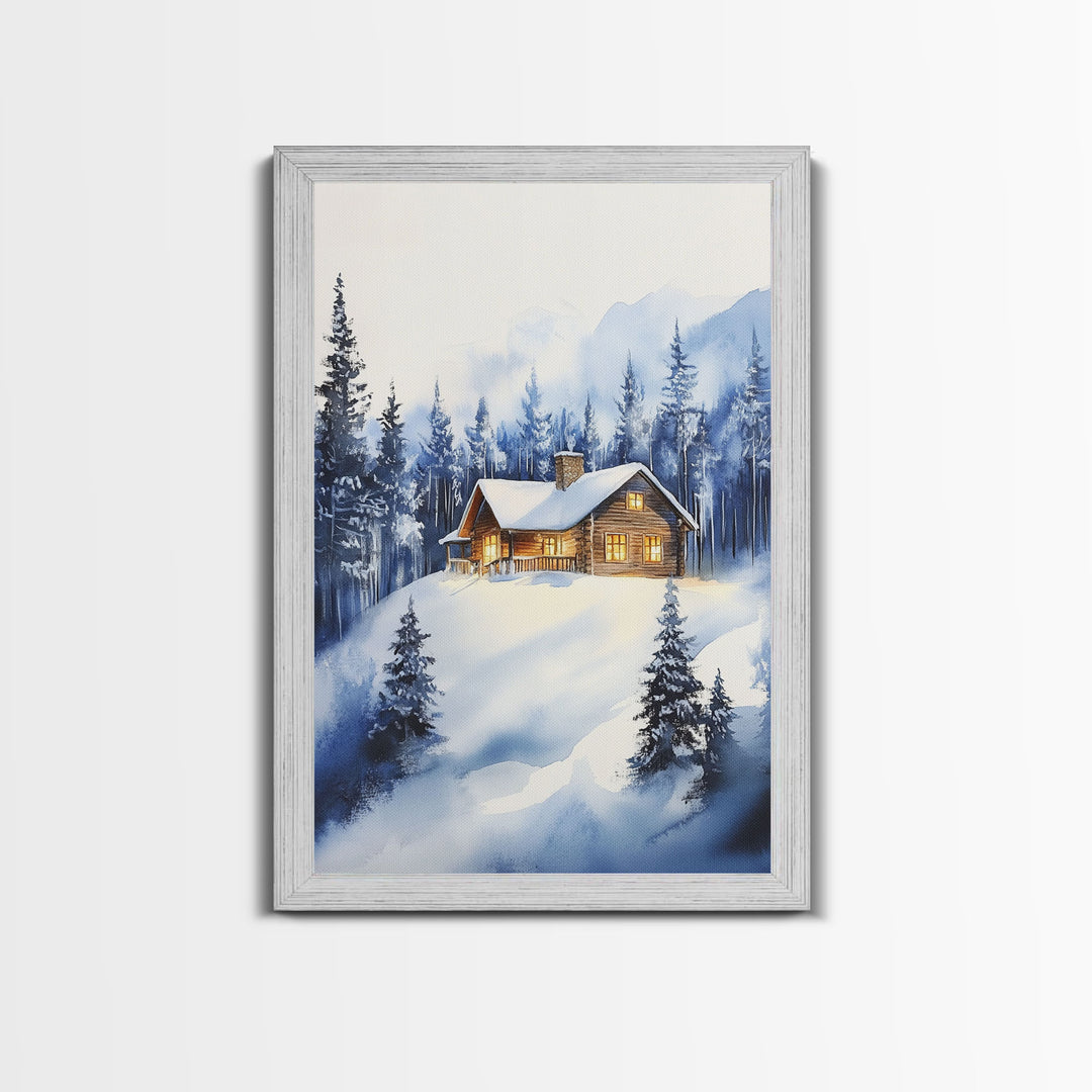 Winter Wonderland Landscape Print, Cabin In The Woods Rustic / Primitive Wall Art, Colorful Christmas