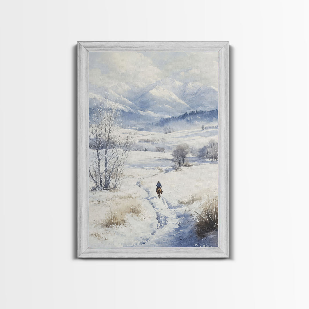 Rider In The Snow, Western Wall Art, Wild West Winter Wonderland, Christmas Wallart, Winter Landscape Painting