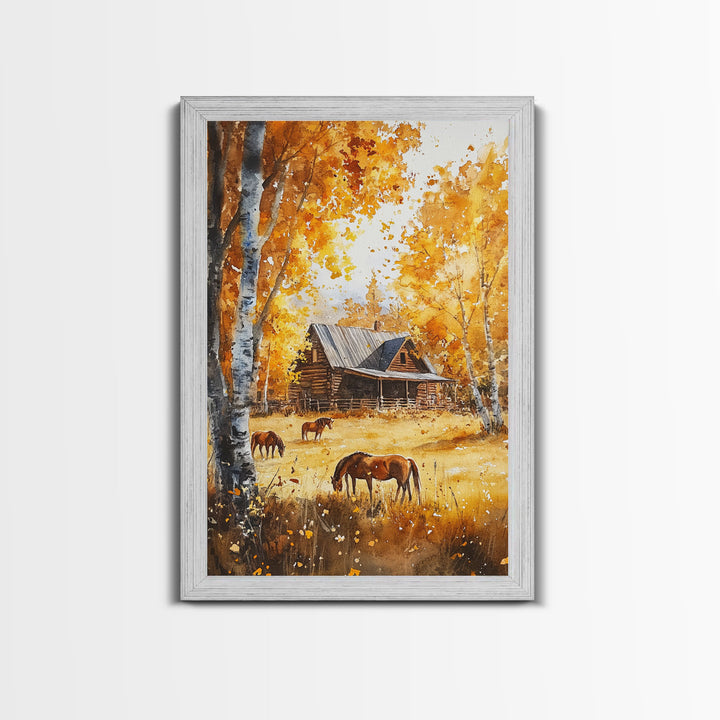 Log Cabin and Horses In The Fall, Wood Framed Wall Art, Primitive Thanksgiving Home Decor, Living Room Art