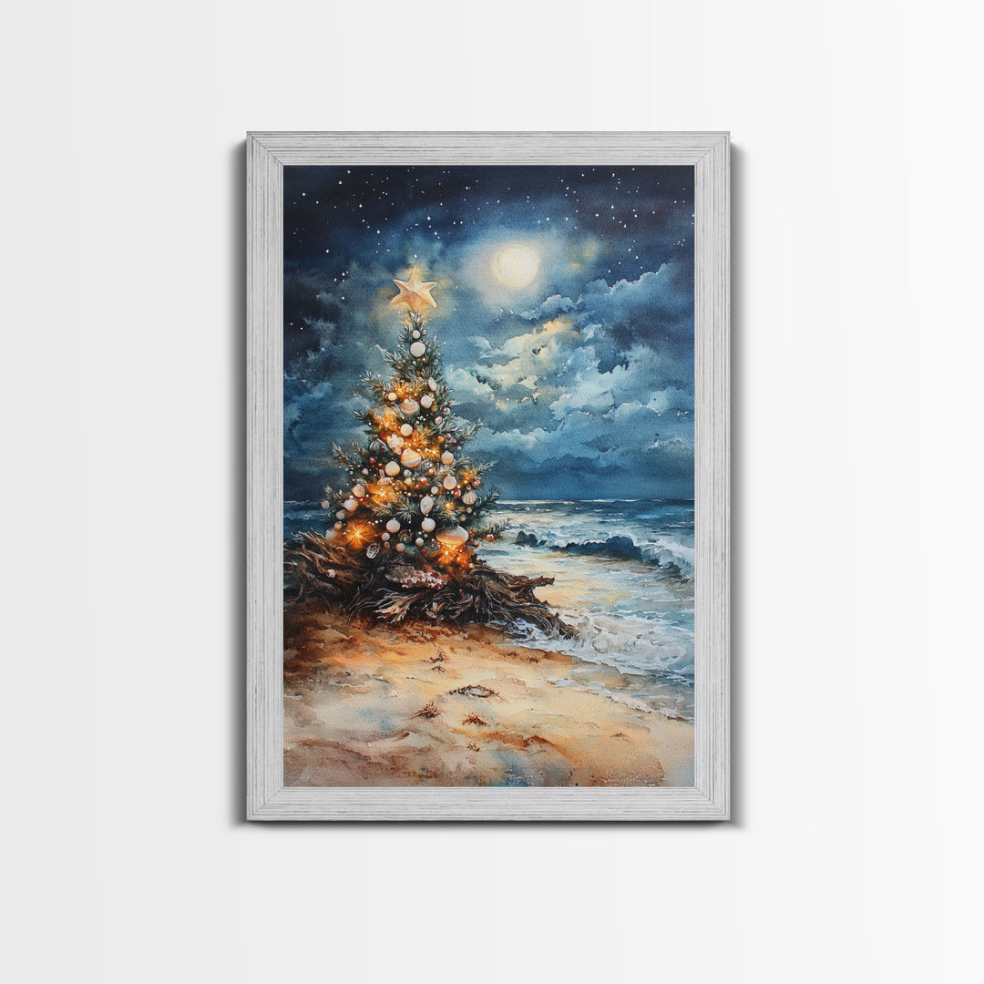 Christmas Tree On The Beach, Framed Canvas Print, gallery wall, Christmas Poster, Xmas Prints