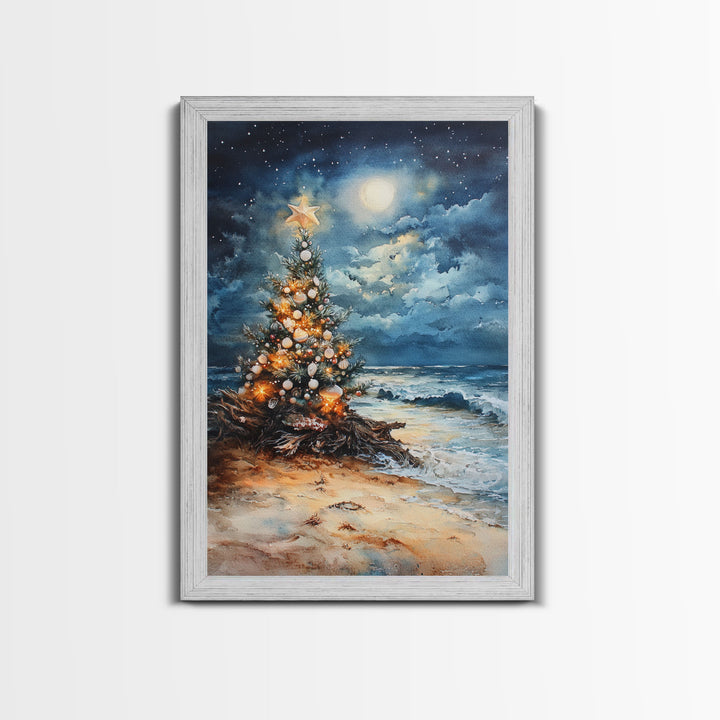 Christmas Tree On The Beach, Framed Canvas Print, gallery wall, Christmas Poster, Xmas Prints