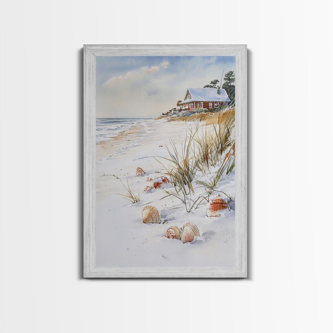 Christmas On A Snow Capped Beach, Wood Framed Wall Art, Rustic Christmas Decor, Tropical / nautical Christmas Art