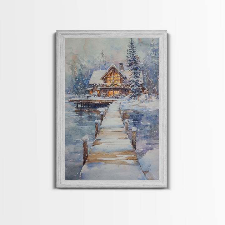 Christmas At The Lake, Framed Canvas Print, Wood Frame Lake House Decor, Winter Lakehouse Art