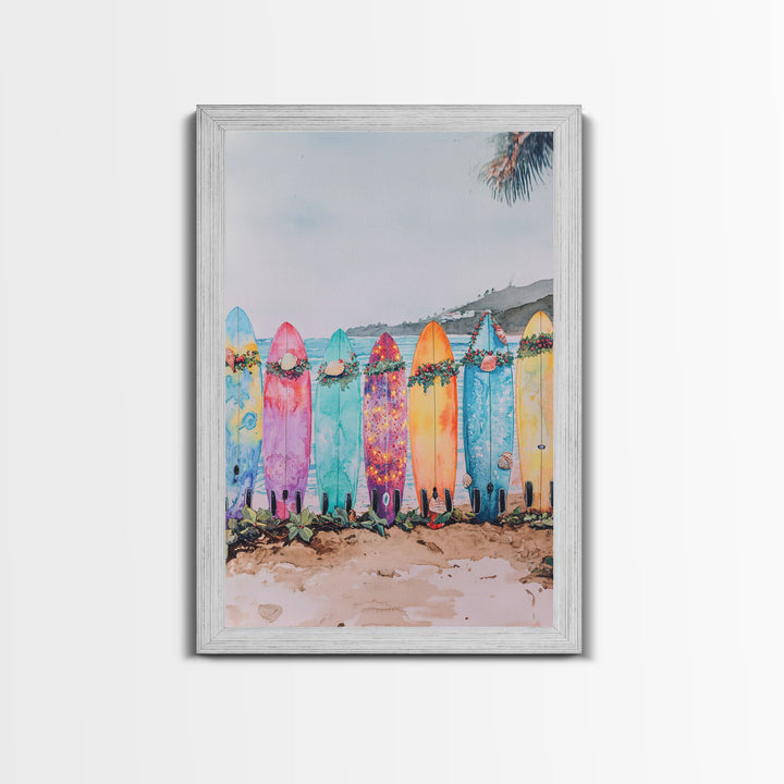 Surf Board Christmas, Framed Canvas Print, Beautiful Trendy Christmas Wall Art With Wood Frame, 2024 Xmas Decor, Christmas 2024