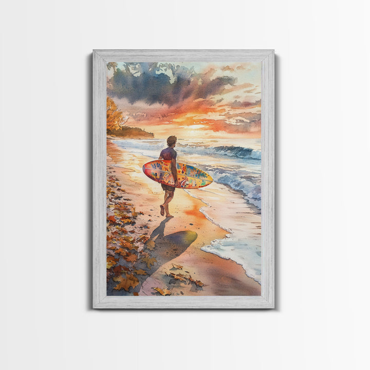 Tall Art Surfer Beach Walk At Sunset Framed Canvas Print Fall Coastal Wall Decor Best Gift Idea Holiday Wall Art Christmas Beach Art