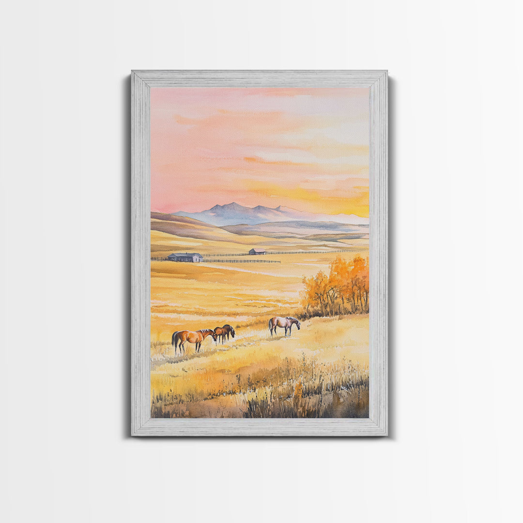 Horses Grazing In Golden Fields Framed Canvas Print Autumn Country Landscape Best Gift Holiday Wall Art Farmhouse Christmas Decor