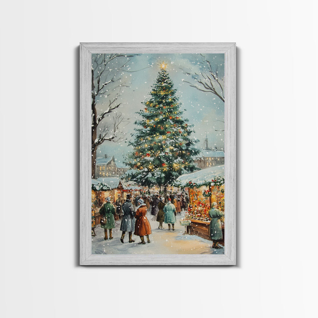 Snowy Christmas Market with Decorated Stalls and Large Holiday Tree, Framed Canvas Print for Vintage Christmas Wall Decor