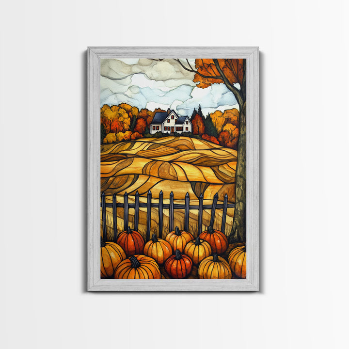 Cozy Fall Farmhouse With Pumpkins Framed Canvas Print Autumn Wall Art Country Farmhouse Decor Best Gift Idea Above Sofa Seasonal Art