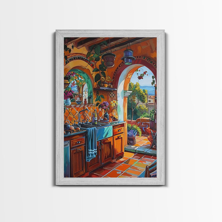 Sunlit Mediterranean Kitchen Framed Canvas Print Colorful Interior Wall Art Best Gift Idea Bright Rustic Home Seasonal Decor