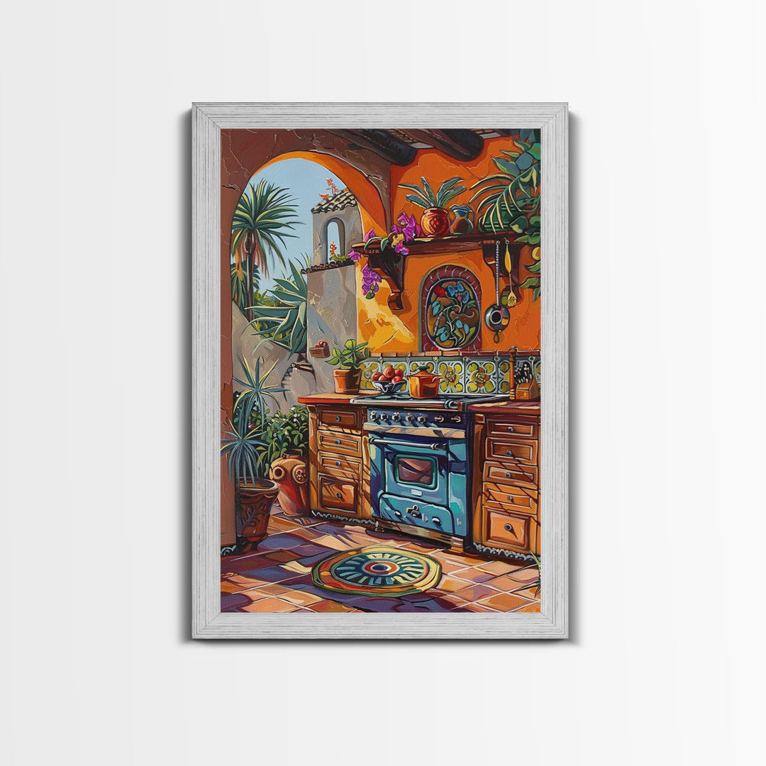 Vibrant Spanish Style Outdoor Kitchen Framed Canvas Print Colorful Tile Art Best Gift Rustic Wall Art Home Seasonal Decor Above Sofa