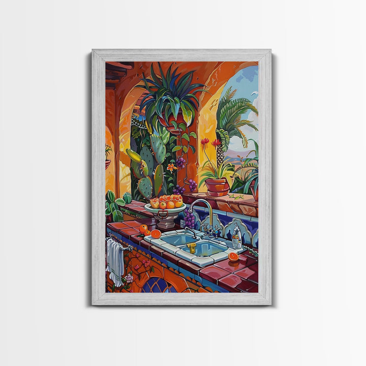 Vibrant Mexican Kitchen With Cactus And Fruit Framed Canvas Print Southwestern Art Best Gift Home Decor Bright Interior Wall Art