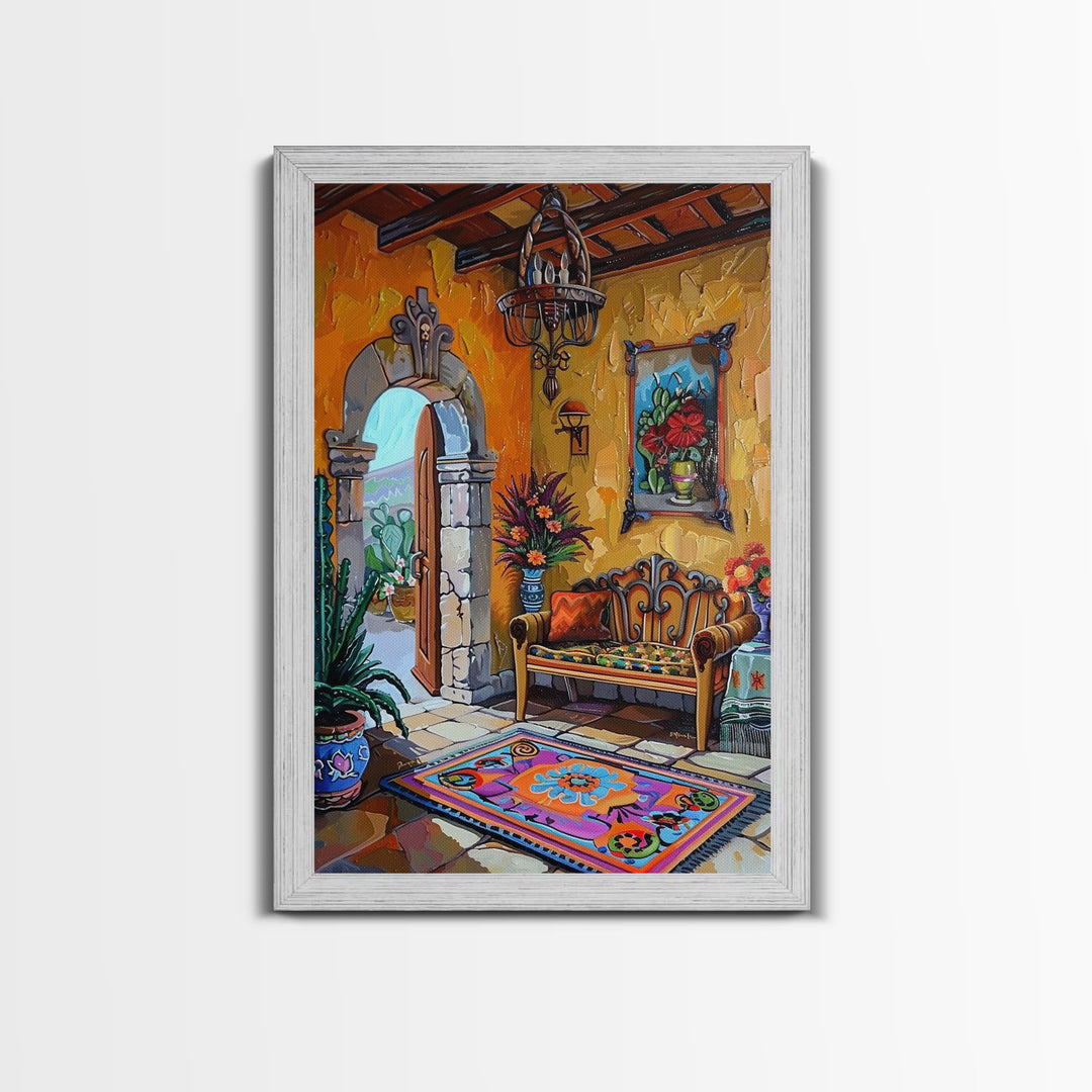 Vibrant Spanish Courtyard Framed Canvas Print Colorful Home Decor Best Gift Bright Seasonal Wall Art Mediterranean Patio Above Sofa Art